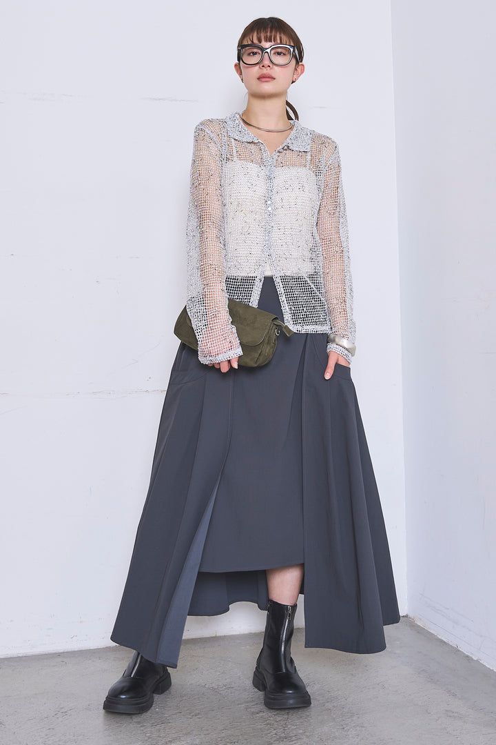 [SET]ネップメッシュポロ襟カーディガン+ラップレイヤードアシンメトリーデザインスカート(2set)