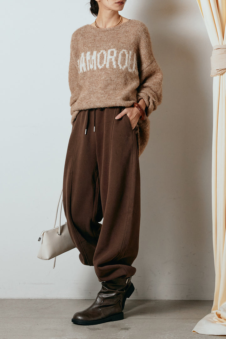 [SET]フロントロゴデザインニットトップス+スウェットワイドカーブパンツ(2set)