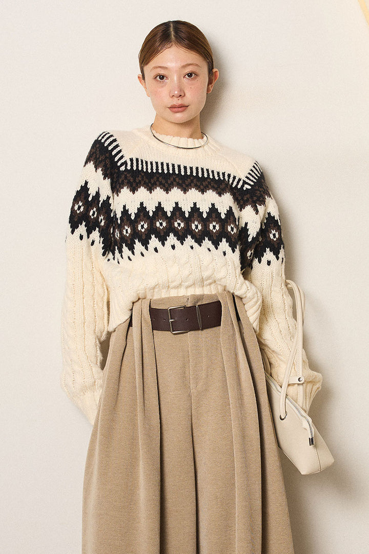 [SET]2WAY求心柄ジャガードショートカーディガン+2WAY袖コード刺繍クルーネックプルオーバー(2set)