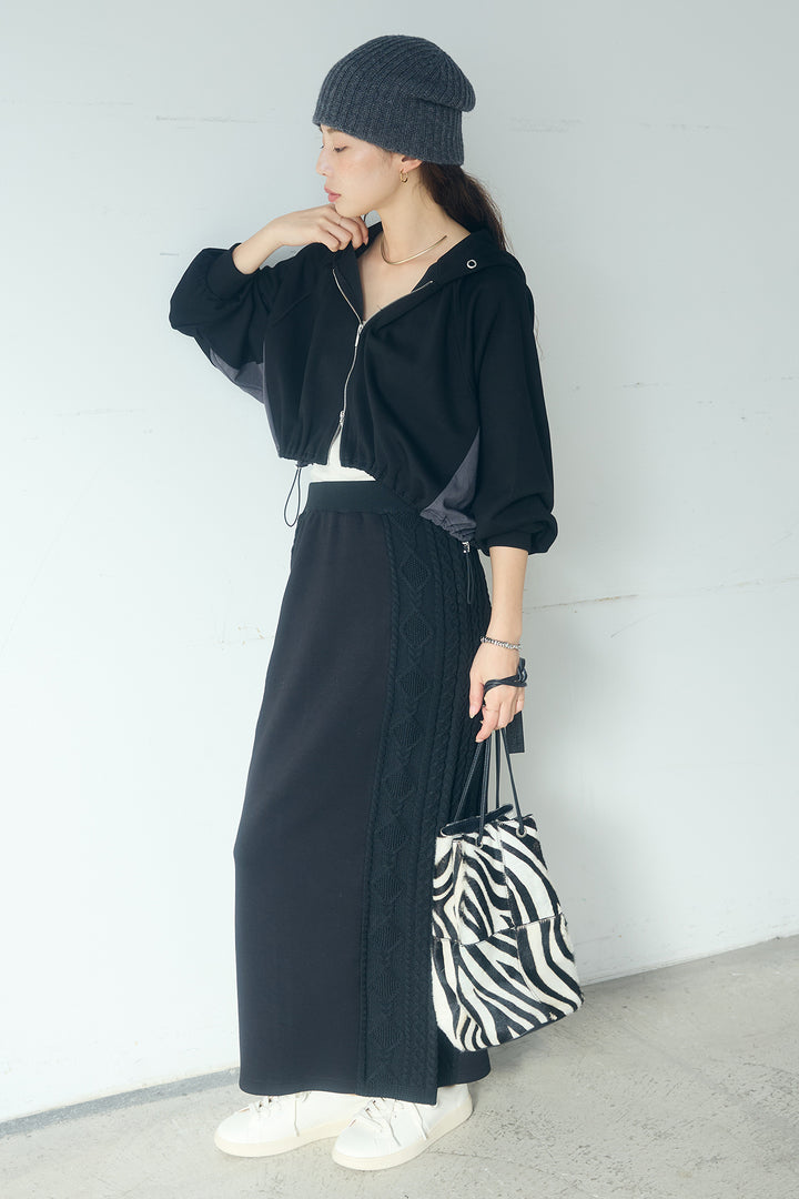 [SET]ドルマンショートフーディー+異素材ドッキングケーブルニットスカート(2set)