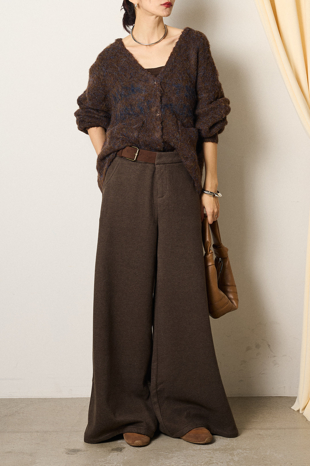 [SET]ウール混透かしロゴニットカーディガン+サイドベルトパンツ(2set)