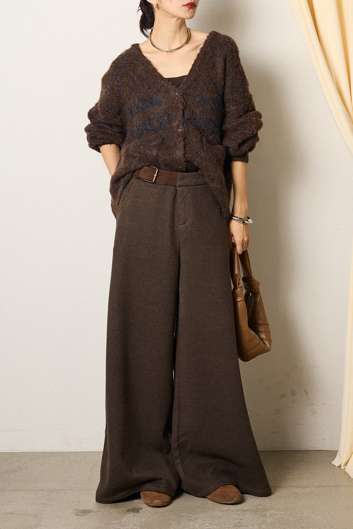 [SET]ウール混透かしロゴニットカーディガン+サイドベルトパンツ(2set)