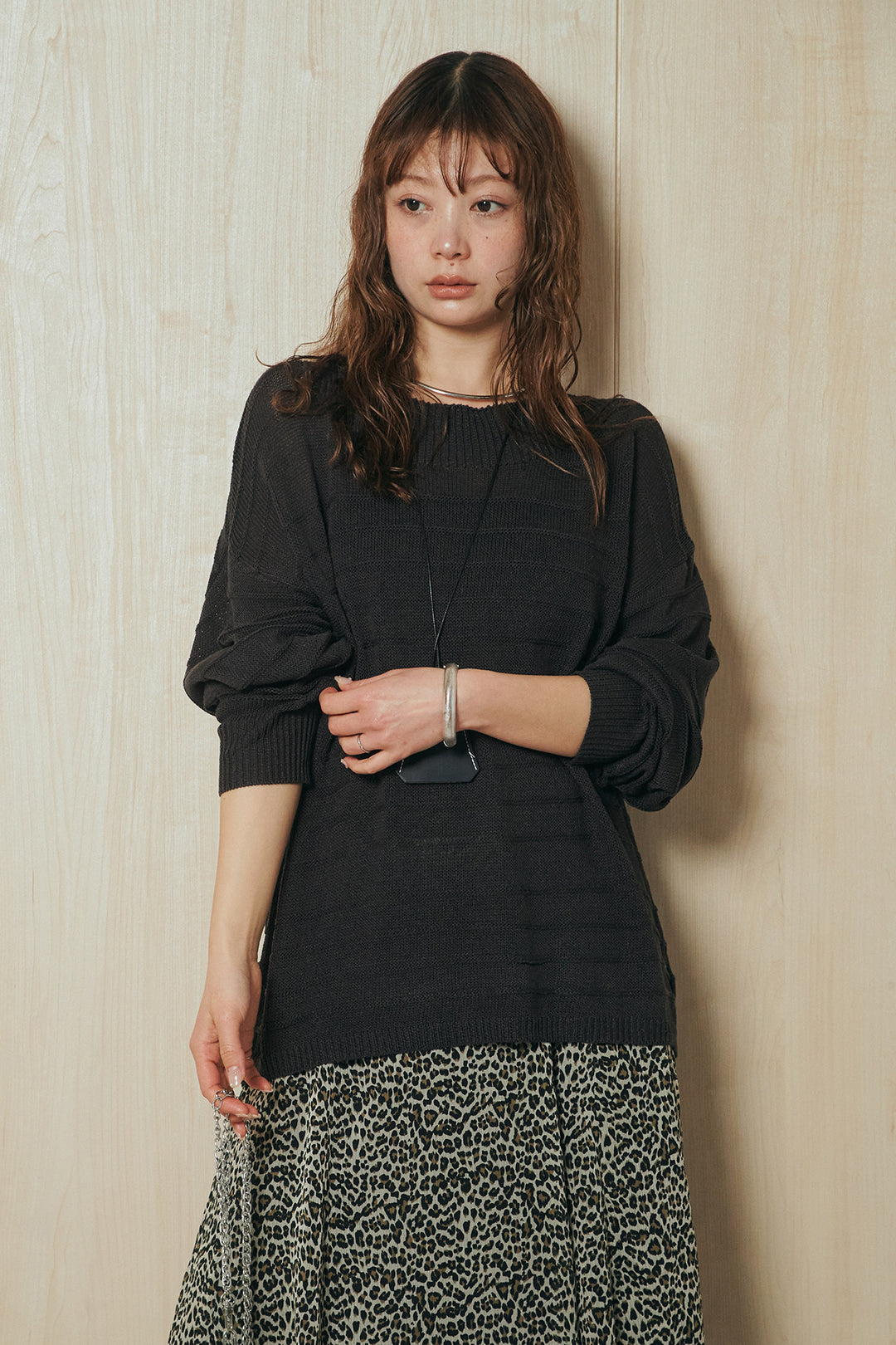 [SET]麻混リラックスニットトップス+リラックスレオパードロングスカート(2set)