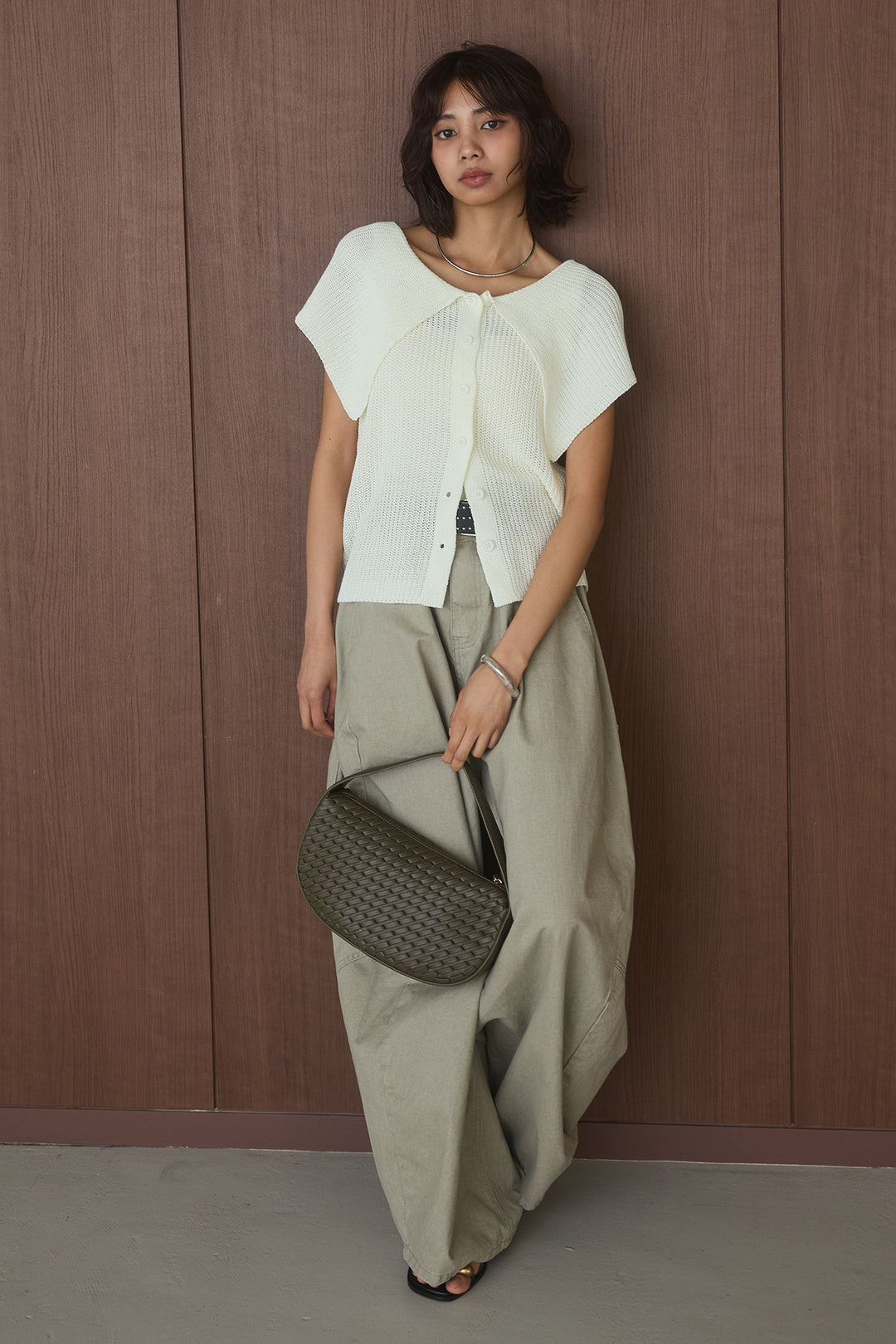 [SET]ビッグカラーボタンニットトップス+ベルト付きカラーデニムパンツ(2set)