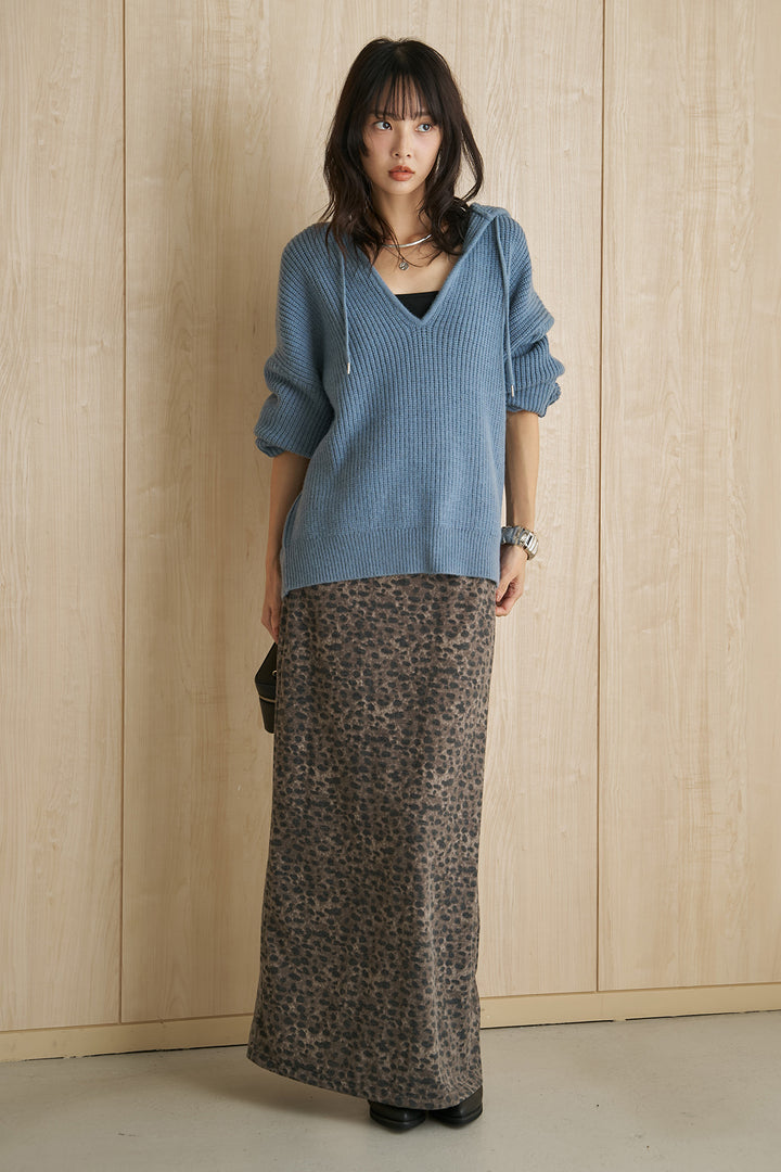 [SET]アルパカタッチフードトップス+カットレオパード柄ロングスカート(2set)