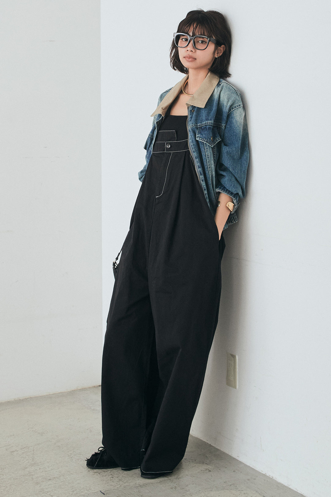 [SET]襟切り替えジップデニムジャケット+綿ツイルアシメサロペット(2set)