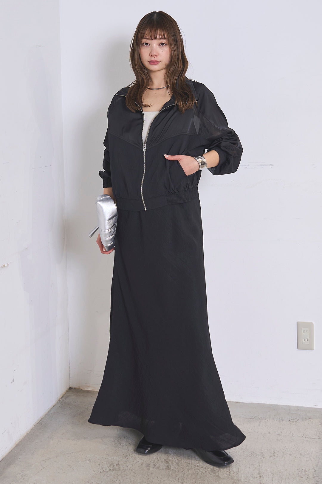[SET]異素材切替ZIPブルゾン+リネンブレンドロングナロースカート(2set)