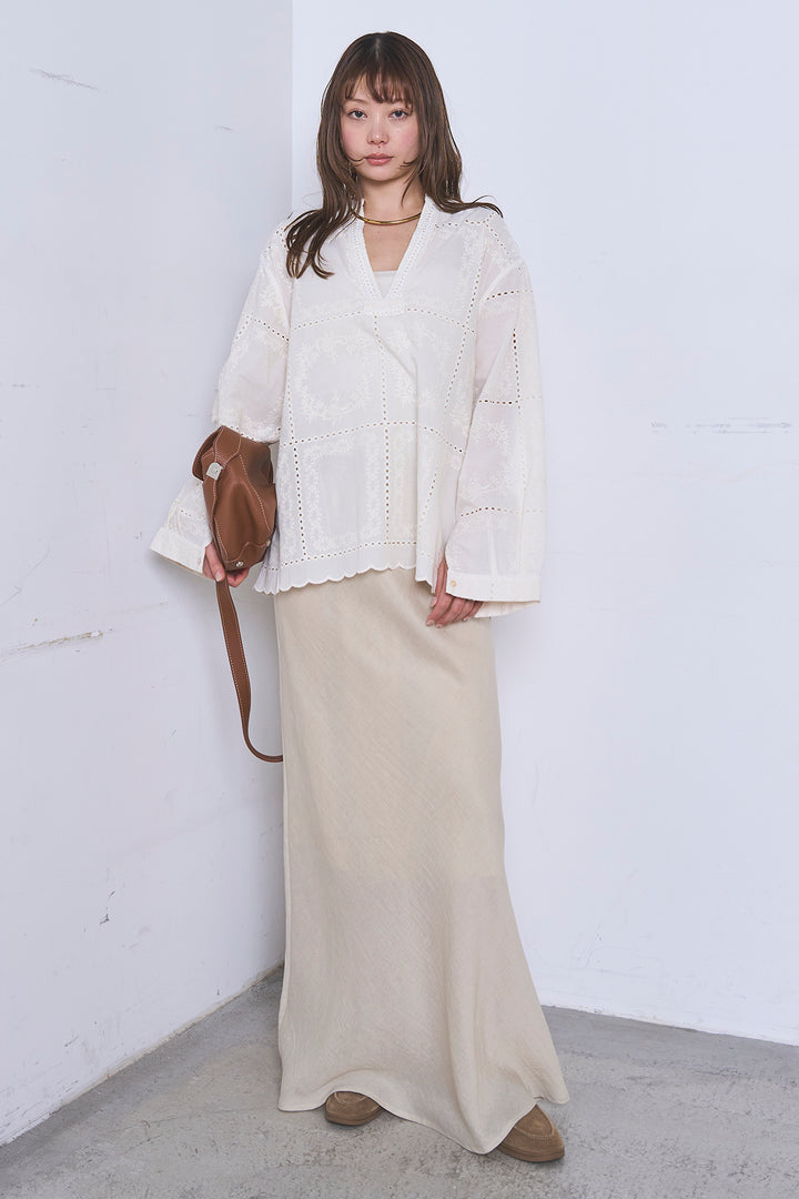 [SET]深V刺繍柄ブラウス+リネンブレンドロングナロースカート(2set)