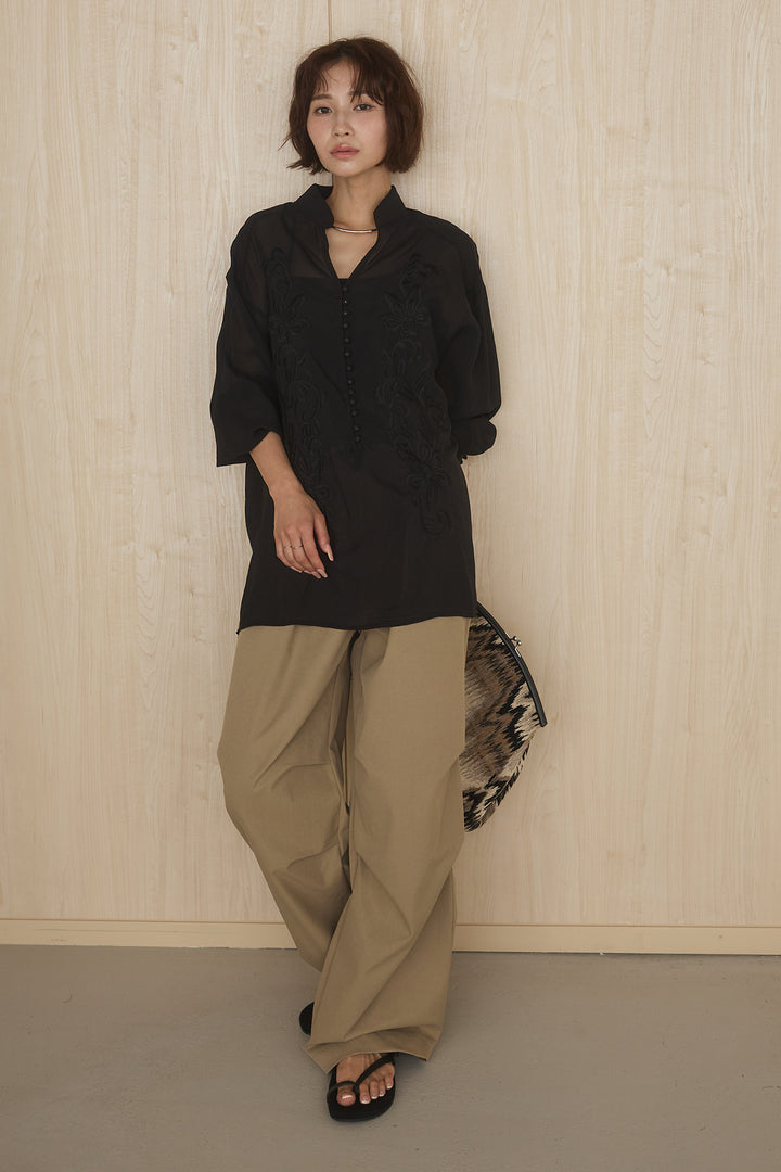 [SET]フロントボタンニュアンス柄ブラウス+ニーサイドタックウエストドロストパンツ(2set)