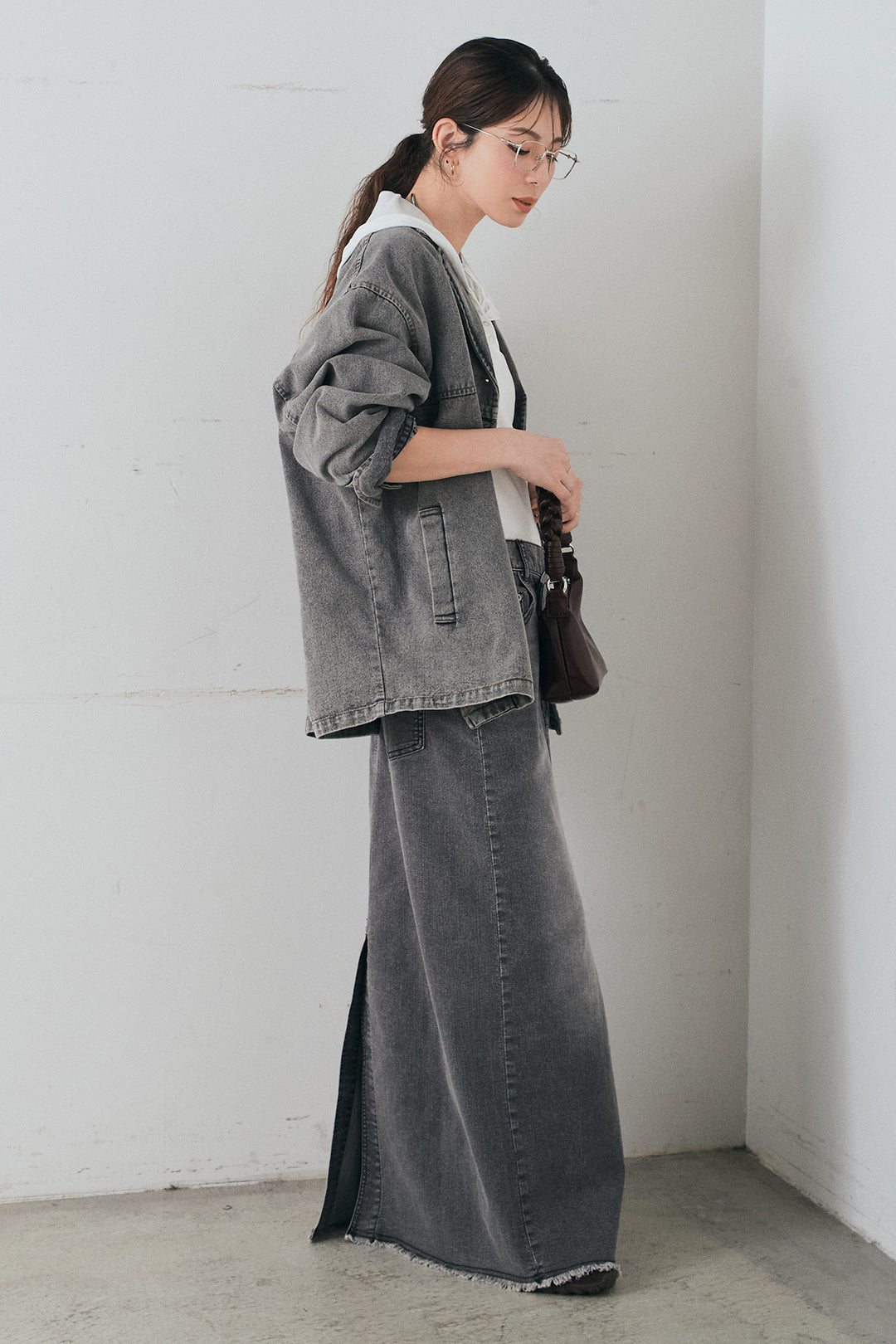 [SET]オーバーデニムジャケット+ウエストクロスデニムタイトスカート(2set)