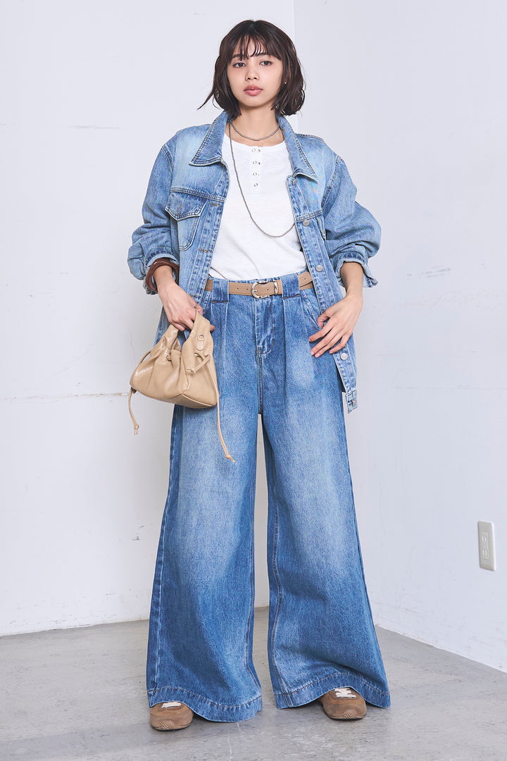 [SET]ケミカルデニムカバーオールジャケット+ベルトループワイドタックデニムパンツ+ヘンリーネックシアータンクトップ(3set)