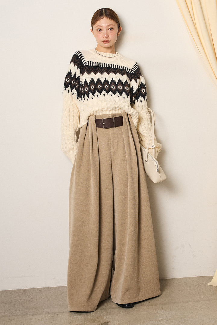[SET]2WAY求心柄ジャガードショートカーディガン+ベルトループコーデュロイワイドパンツ+2WAY袖コード刺繍クルーネックプルオーバー(3set)
