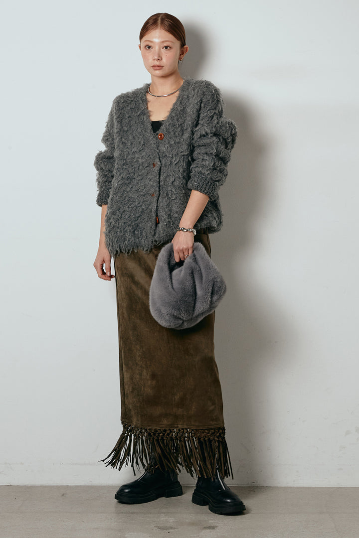 [SET]ルーズシャギーニットカーディガン+スウェードライク裾フリンジスカート(2set)