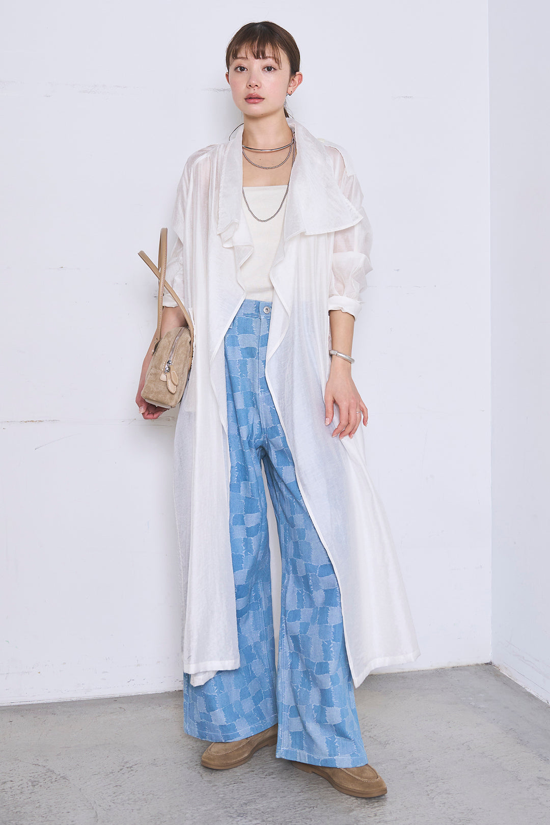 [SET]ロングシアーアウター+パッチワーク風デニムワイドパンツ(2set)