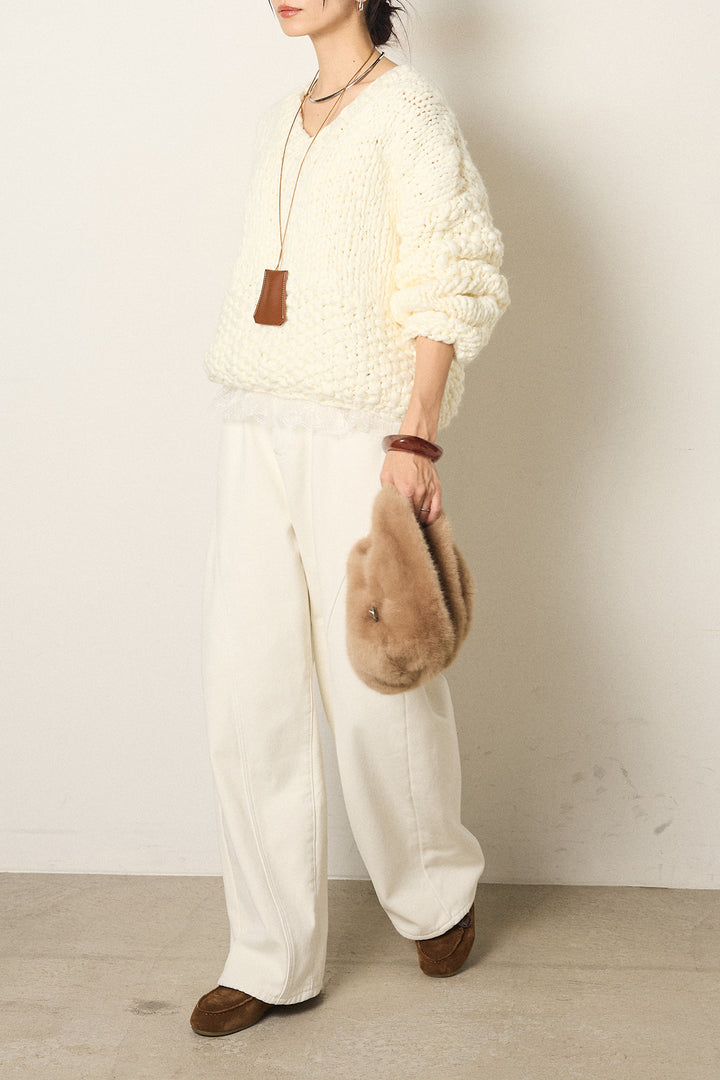 [SET]Vネックハンド編みニットトップス+ベルト付きカジュアルカーブワイドパンツ+レース切り替えキャミソール(3set)