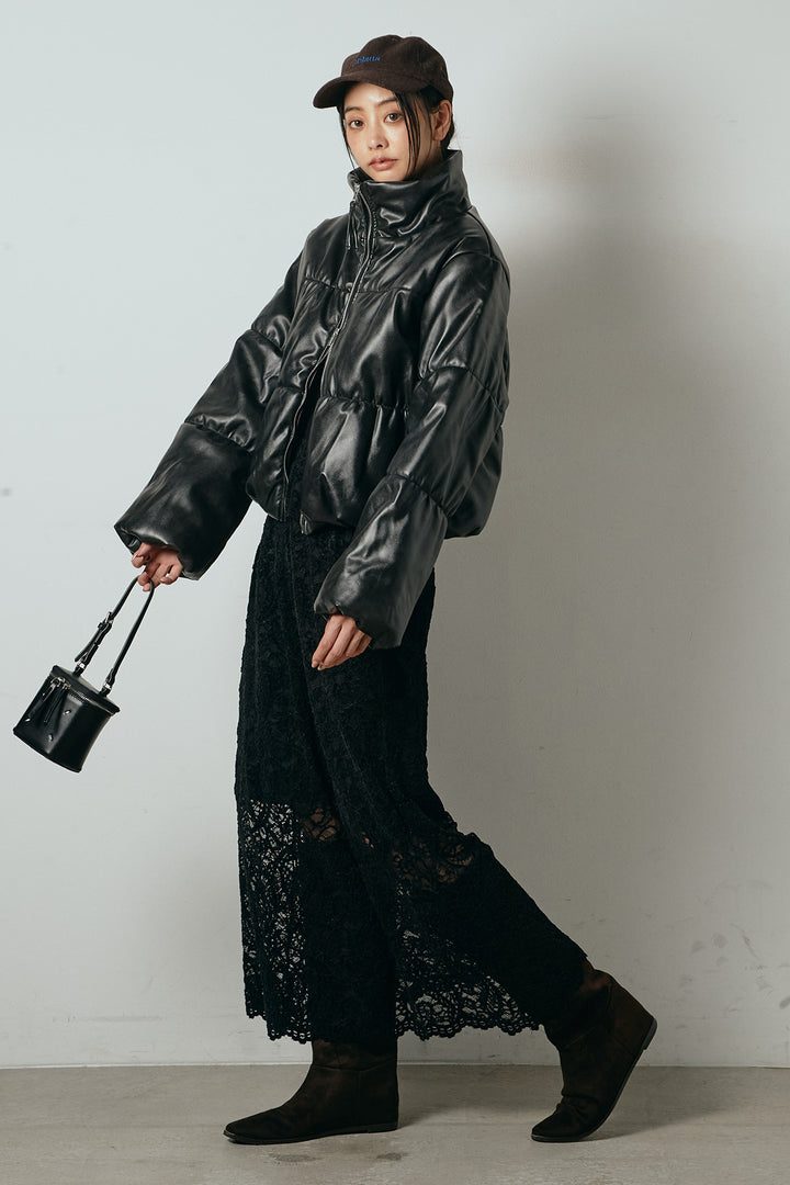 [SET]レザーライクWジップスタンドカラー中綿ブルゾン+総レース刺繍スカート(2set)