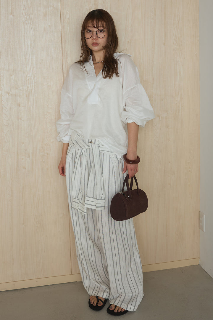 [SET]襟付きボタンブラウス+ウエスト巻きピンストライプパンツ(2set)