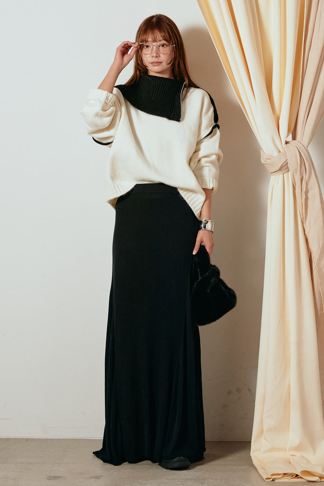 [SET]ハイネックジップデザインニットトップス+サイド切り替えリブニットロングスカート(2set)
