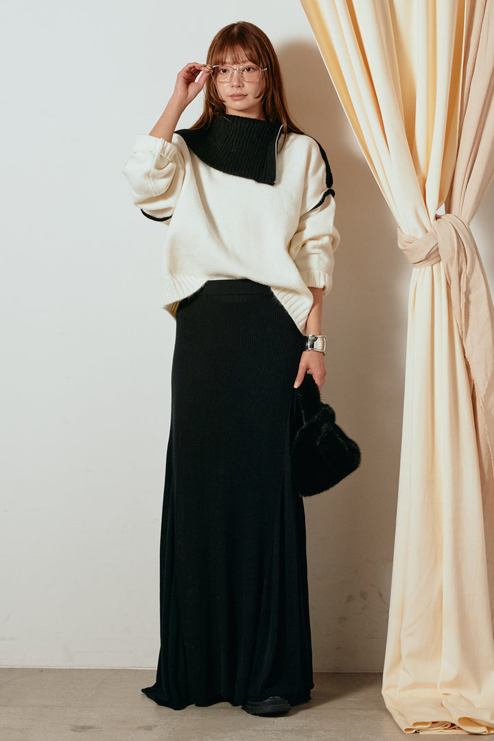 [SET]ハイネックジップデザインニットトップス+サイド切り替えリブニットロングスカート(2set)