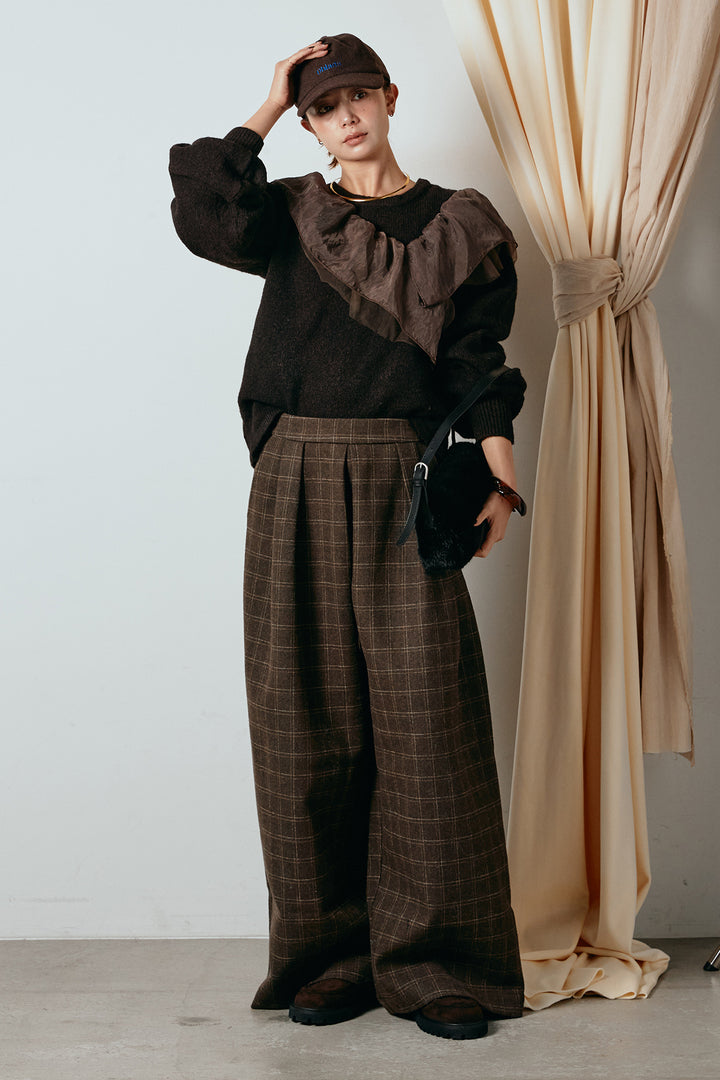 [SET]アシンメトリーフリルニットトップス+ウールライクチェックタックパンツ(2set)