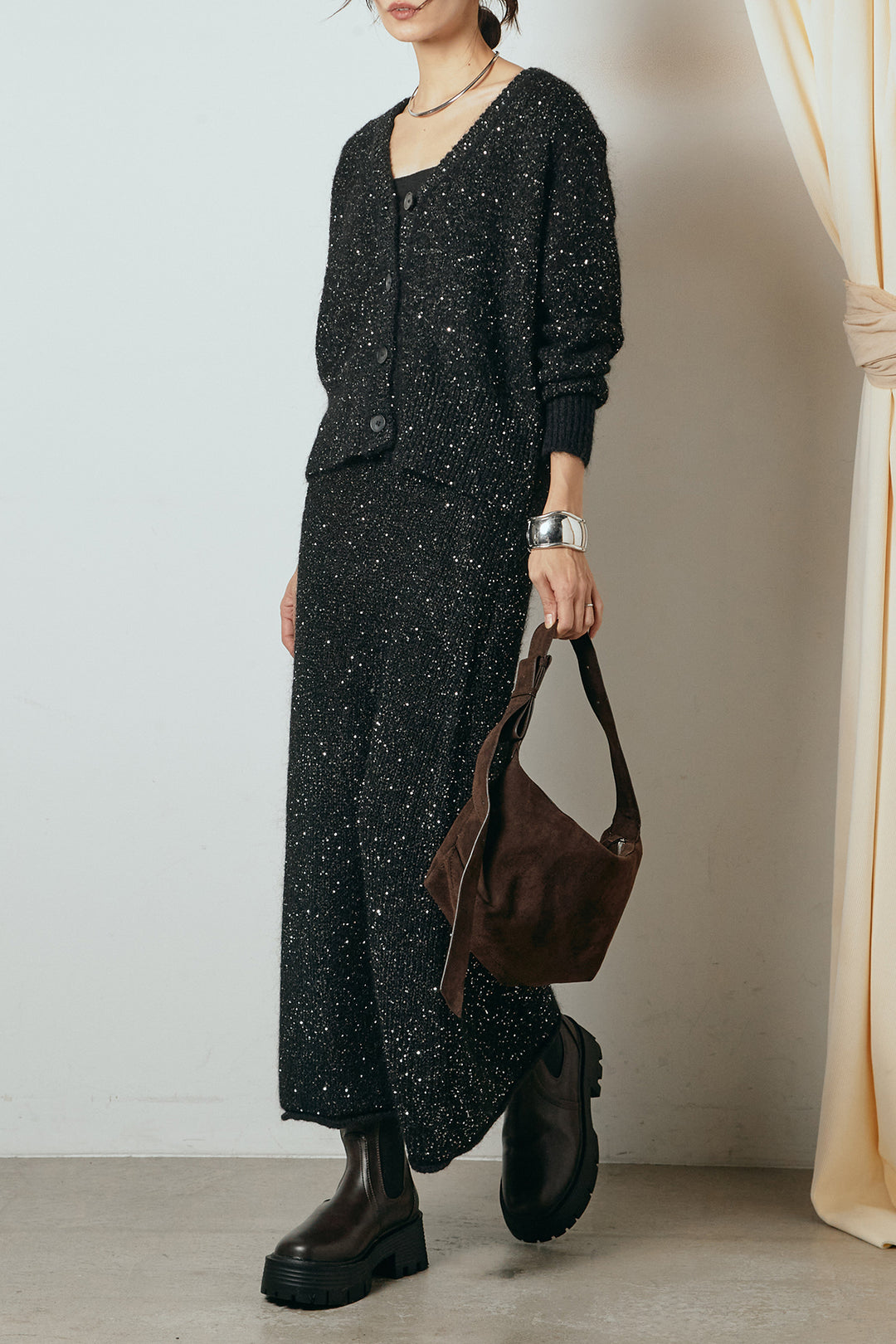 [SET]ミニラメニットカーディガン+ミニラメニットスカート(2set)