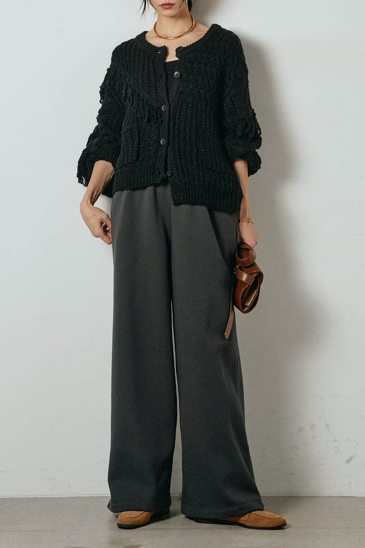 [SET]ランダムフリンジニットカーディガン+裏起毛スウェットワイドパンツ(2set)