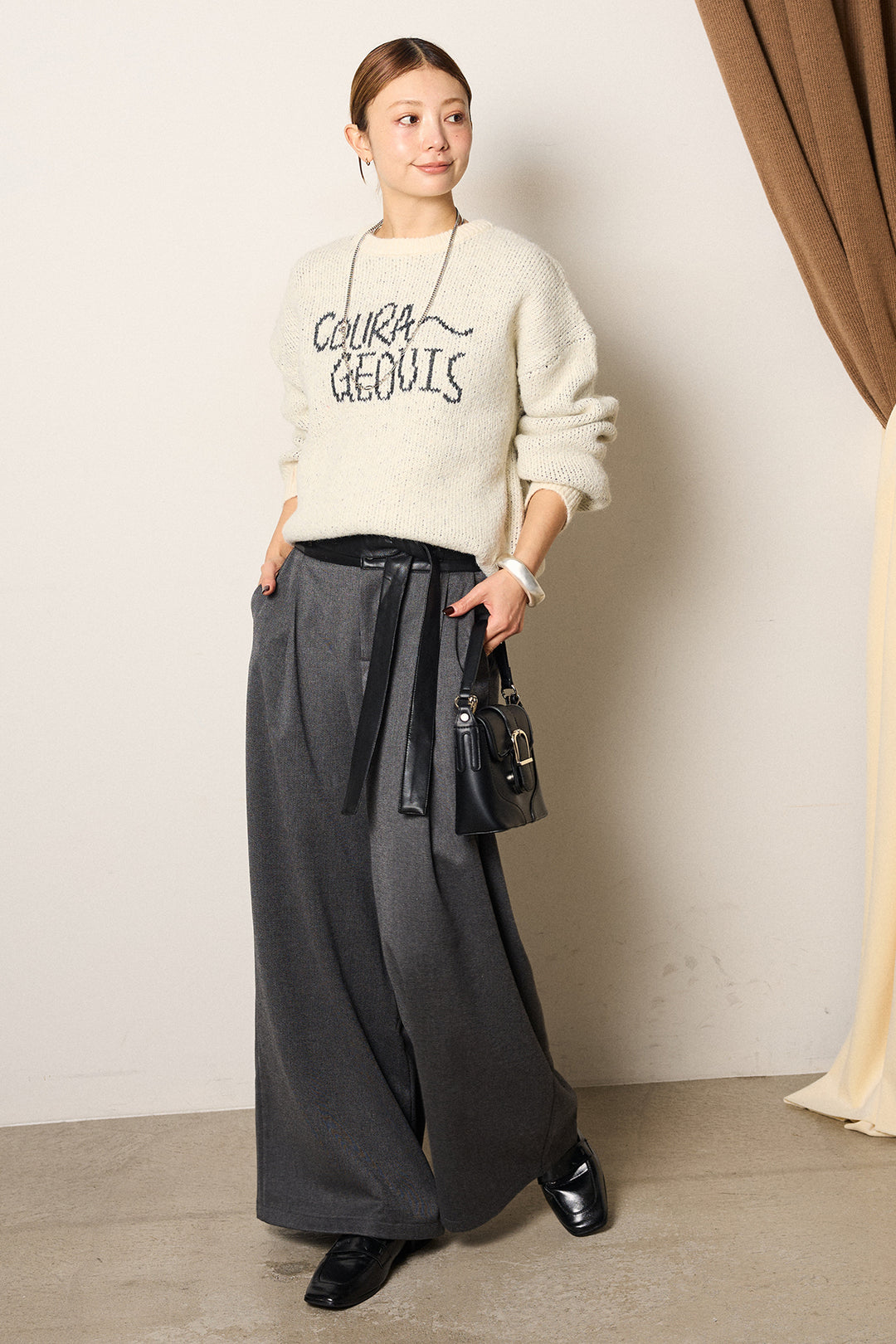 [SET]ロゴシャギーニットプルオーバー+巻ベルトウエストレザーライクワイドパンツ(2set)