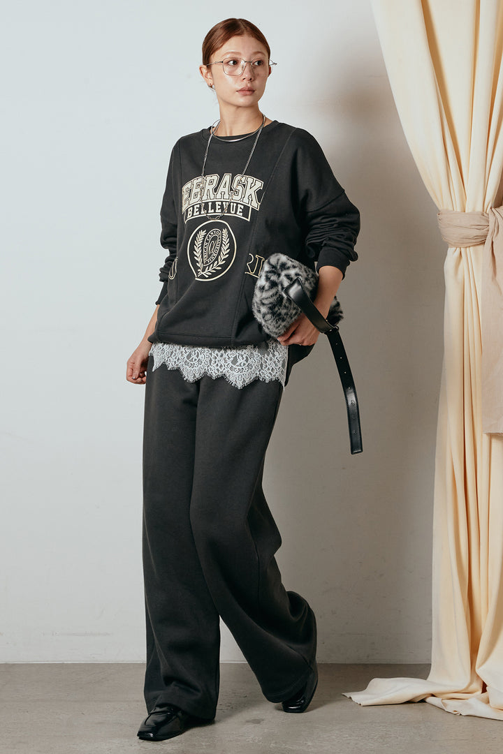 [SET]裏毛カレッジプリントプルオーバー+裏起毛スウェットワイドパンツ+カップ付きレースドッキングキャミソール(3set)