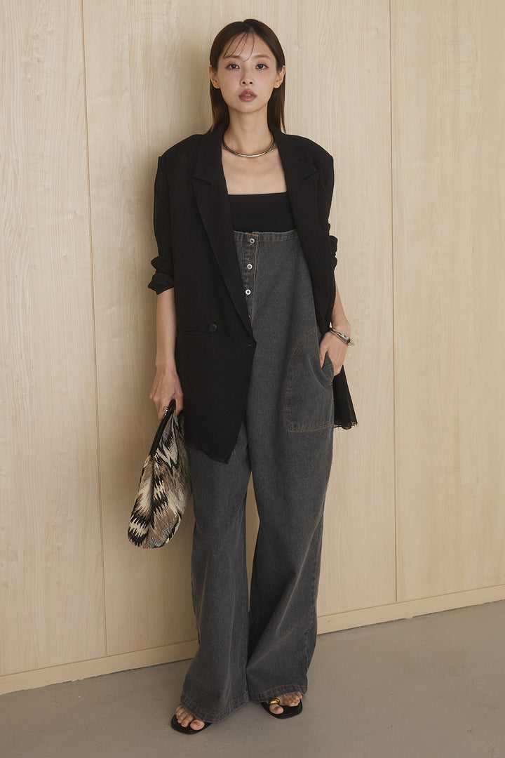 [SET]メッシュテーラードワイドジャケット+フロントボタンデニムサロペット(2set)