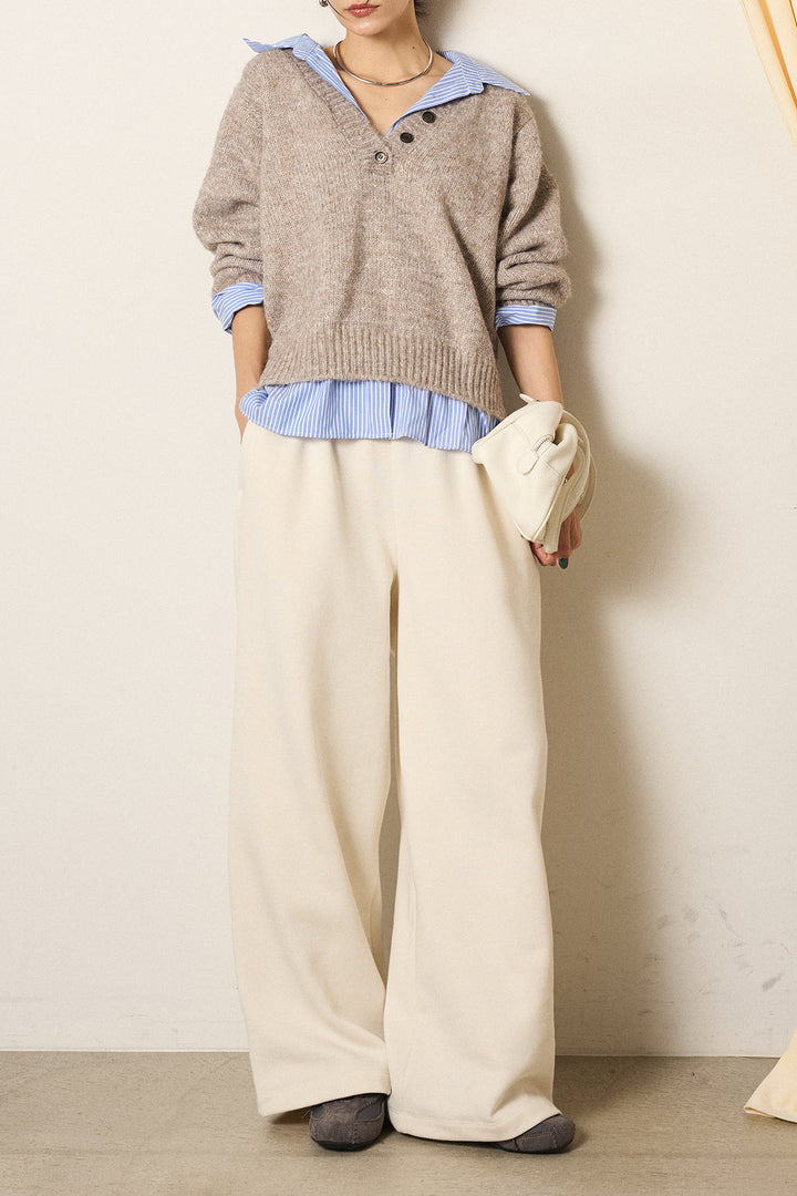 [SET]ストライプシャツドッキングニットポロトップス+裏起毛スウェットワイドパンツ(2set)