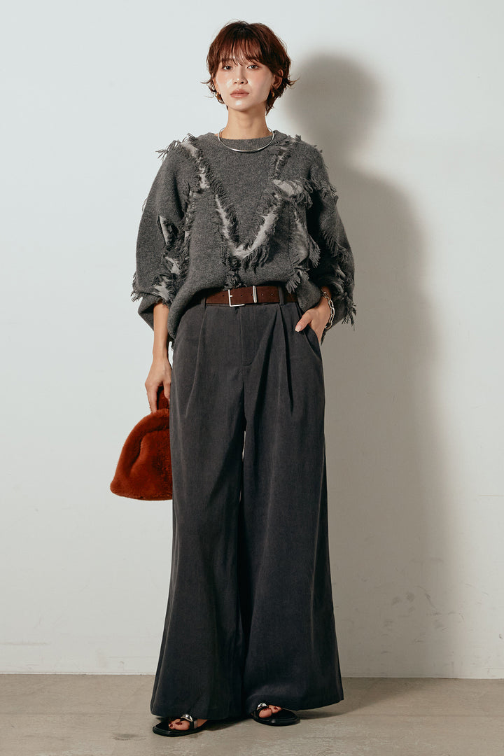 [SET]シャギージャガードニットトップス+太ベルト付きコーデュロイタックパンツ(2set)