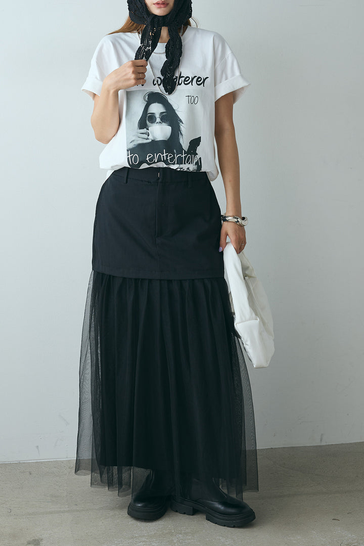 [SET]モノトーンフォトプリントTシャツ+切り替えデザインボリュームチュールスカート(2set)