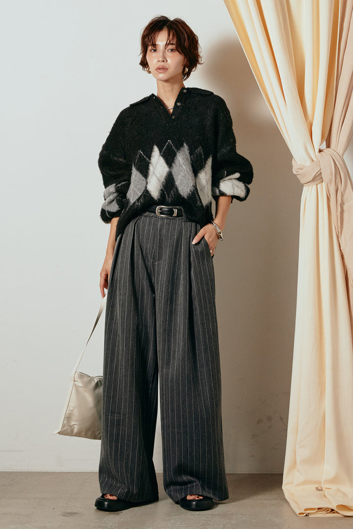 [SET]アーガイル柄ポロニットトップス+ストライプヘリンボーンパンツ(2set)