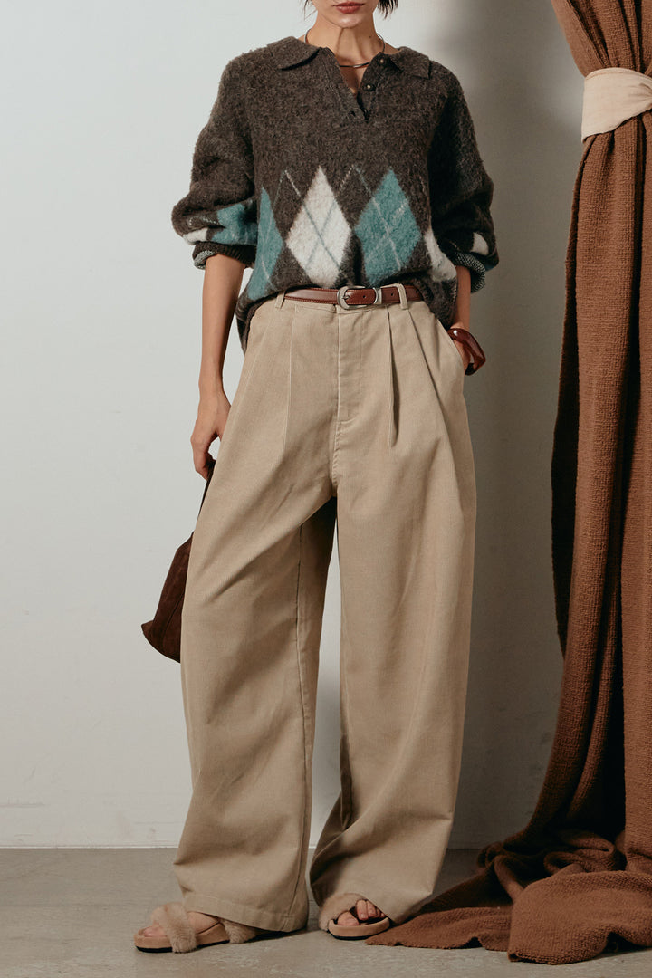 [SET]アーガイル柄ポロニットトップス+フロントタック入りコーデュロイパンツ(2set)