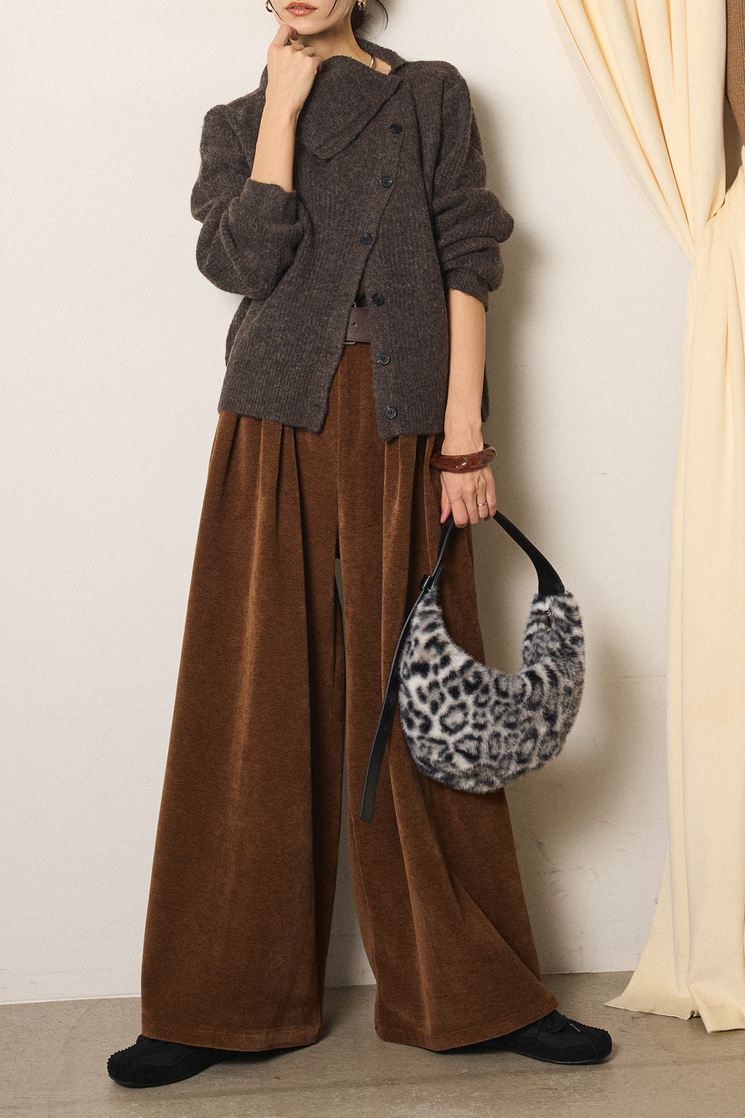 [SET]ボタンデザインネックニットプルオーバー+ベルトループコーデュロイワイドパンツ(2set)