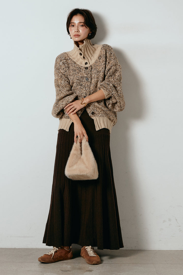 [SET]ハイネックミックスニットカーディガン+編み地切り替えフレアニットスカート(2set)
