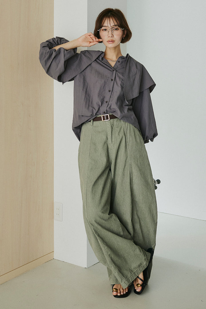 [SET]ケープカラーナイロンブラウス+サイドベルトカーブワイドパンツ(2set)