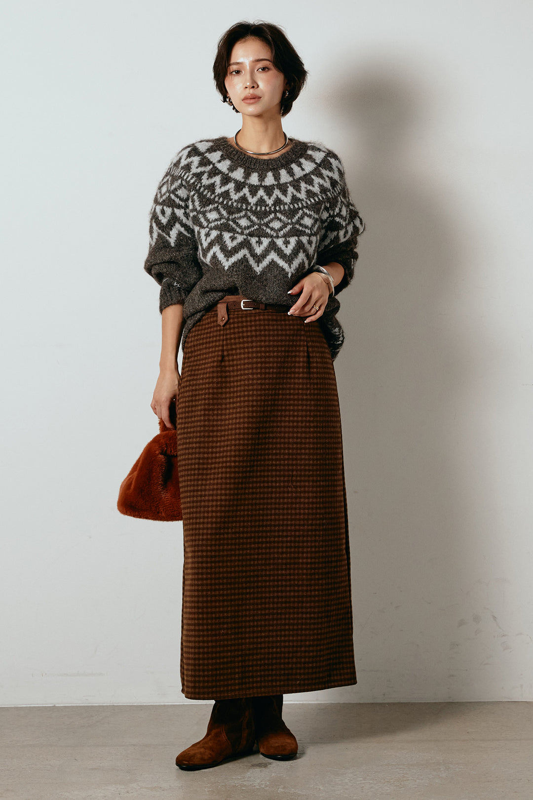 [SET]ノルディック柄Uネックプルオーバー+スエード調ベルト付きチェックナロースカート(2set)