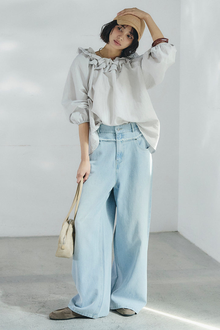 [SET]ネックフリルデザインブラウス+ウエスト裁ち切りデニムワイドパンツ(2set)