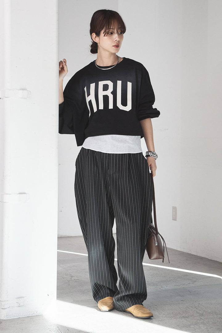 [SET]ビッグロゴHRU袖ボリュームトップス+リブシアークルーネック長袖トップス(2set)