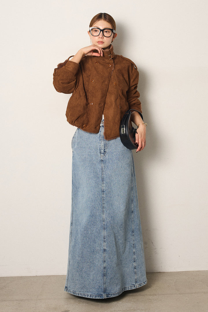 [SET]スタンド襟スウェードライクアウター+デニムロングフレアスカート(2set)