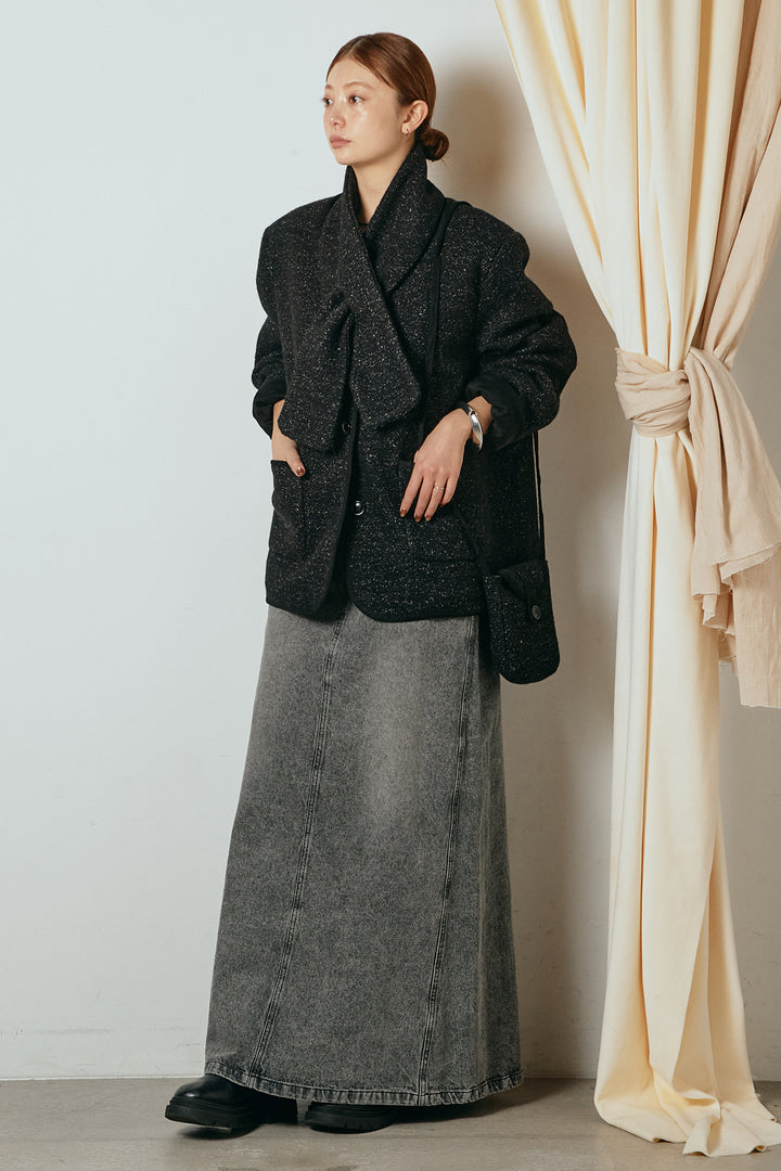 [SET]ノーカラーマフラーバッグ付きアウター+デニムロングフレアスカート(2set)