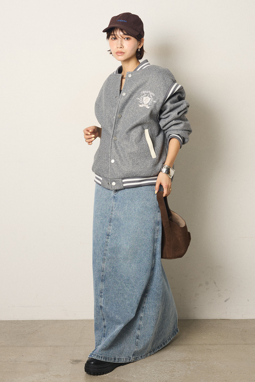 [SET]ワンポイントデザインブルゾン+デニムロングフレアスカート(2set)