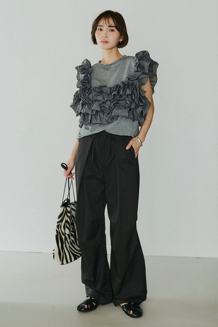 [SET]天竺ナイロンドッキングビスチェ風トップス+ニーサイドタックウエストドロスパンツ(2set)