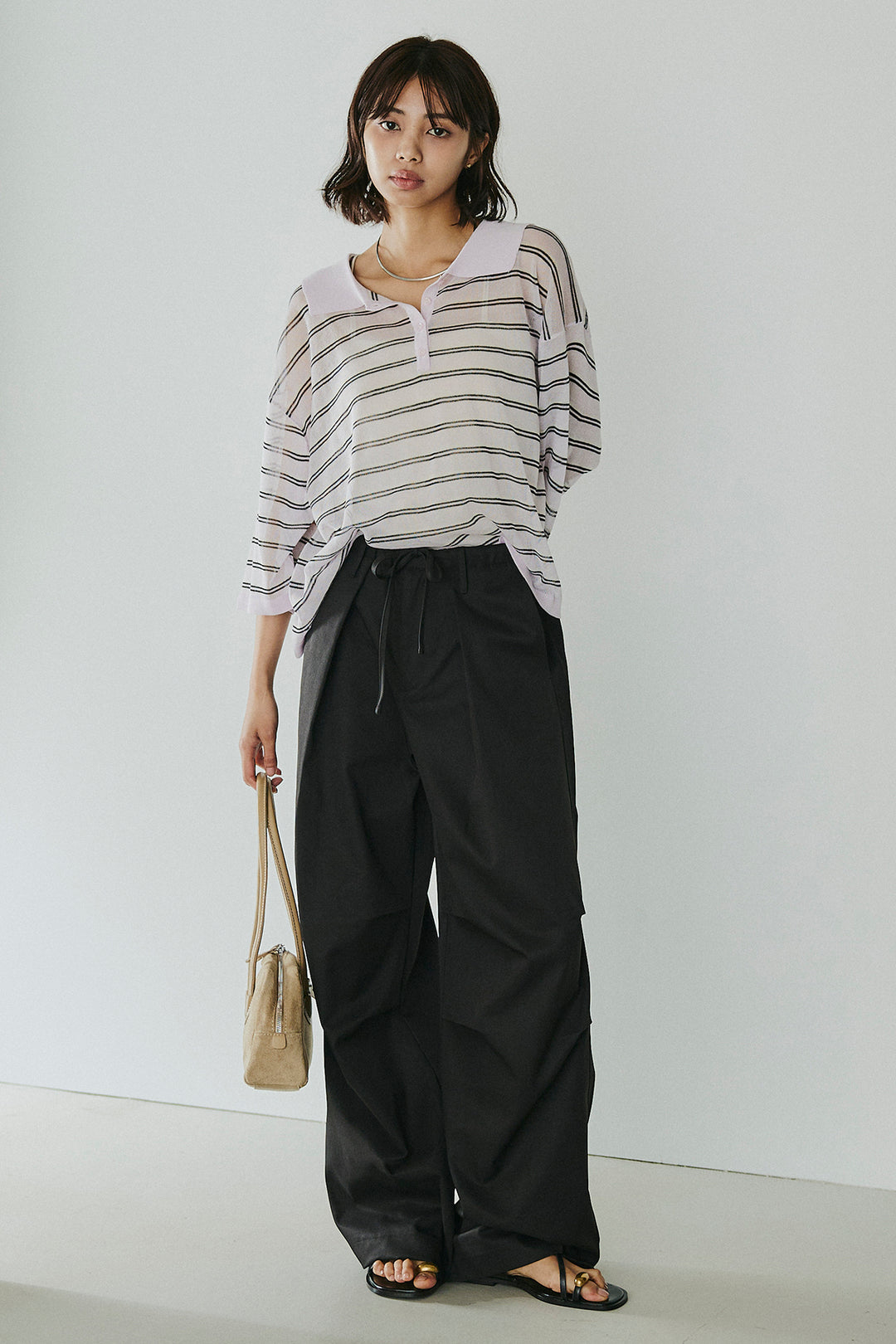 [SET]ボーダーニットポロシャツ+ニーサイドタックウエストドロスパンツ(2set)