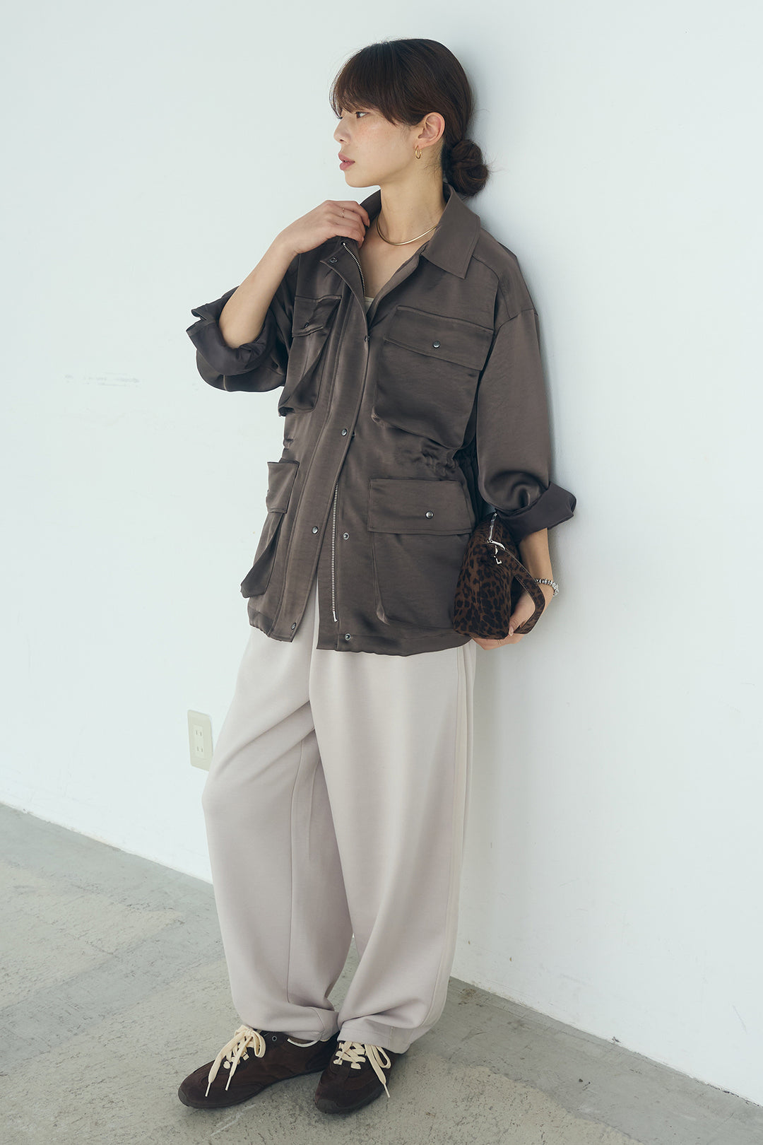 [SET]サテンライトブルゾン+異素材切り替えスウェットパンツ(2set)