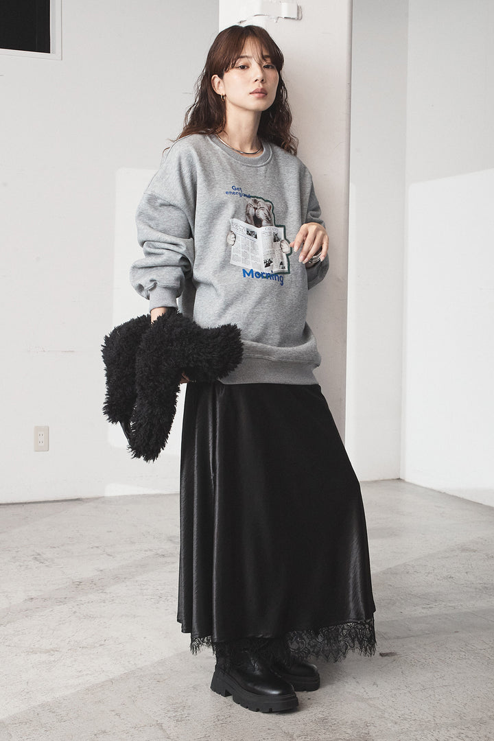 [SET]裏起毛モーニングキャットプリントスウェット+裾レースデザインサテンスカート(2set)