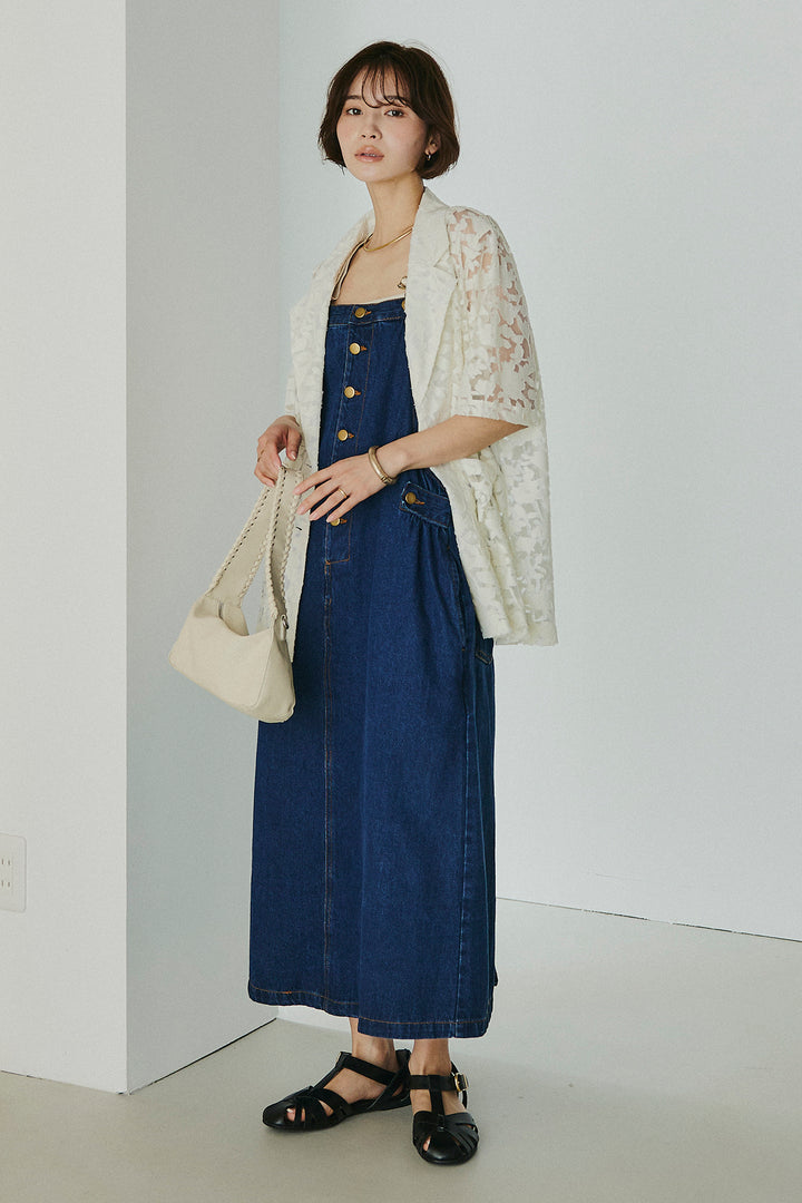 [SET]シアージャガードハーフスリーブテーラードジャケット+配色ショルダーデニムサロペットスカート(2set)