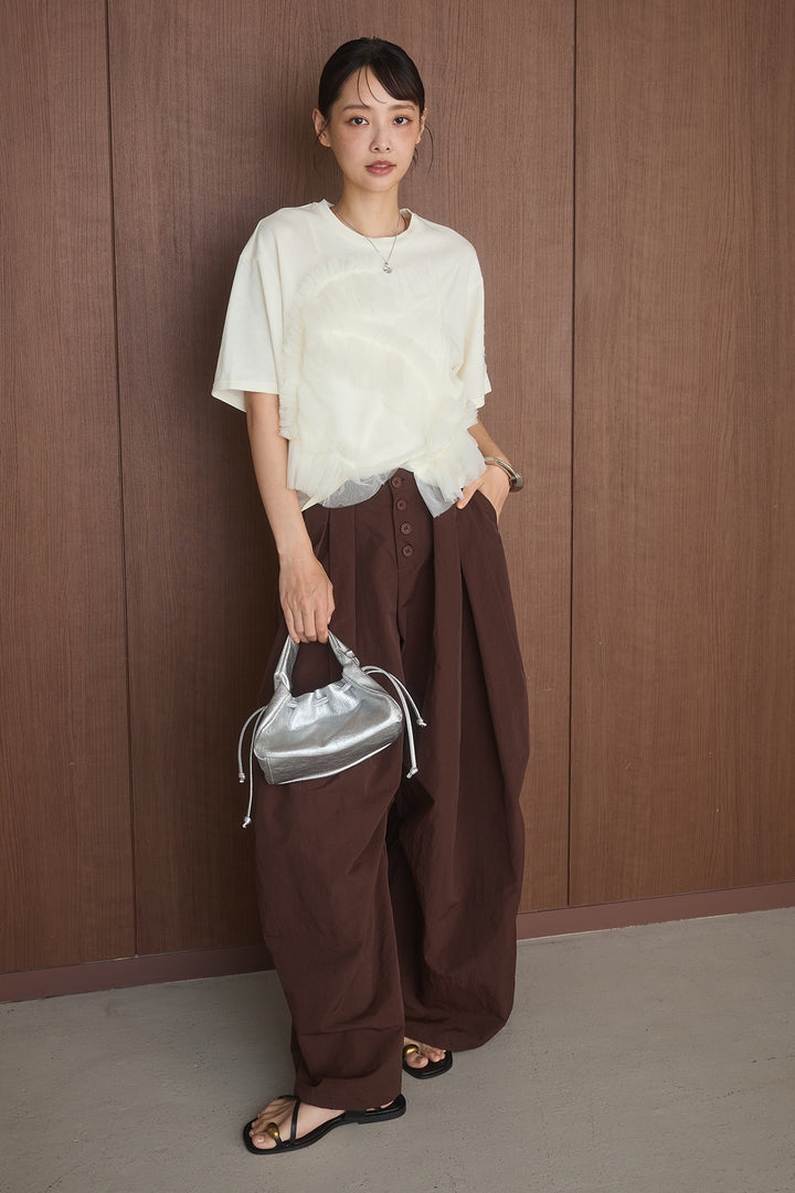 [SET]チュールモチーフデザインTシャツ+ボタンデザインニーサイドタックパンツ(2set)