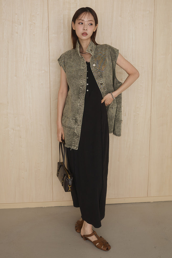 [SET]ケミカルデニムヘムカットオフジレ+ノースリロングワンピース(2set)